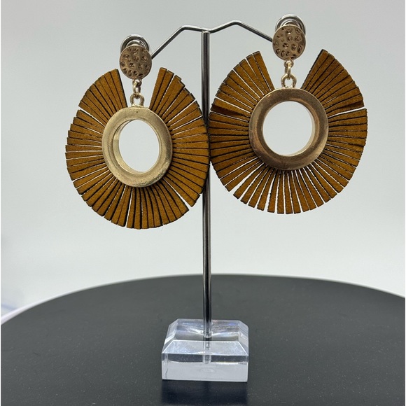 INC Leather Fringe BOHO Circle Gold Tone Post Earrings - Picture 5 of 8